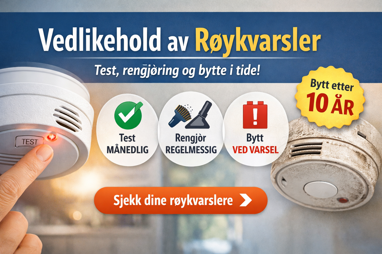 Vedlikehold av røykvarsler: test, rengjøring og når du må bytte den
