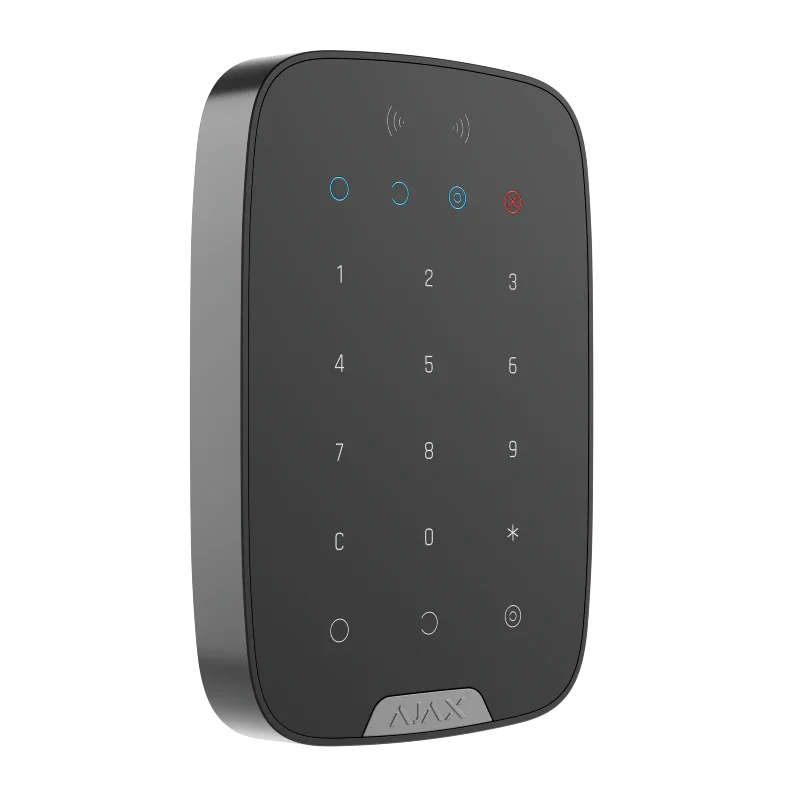 Svart trådløst sikkerhets-tastatur med touch display og tallpanel for adgangskontroll
