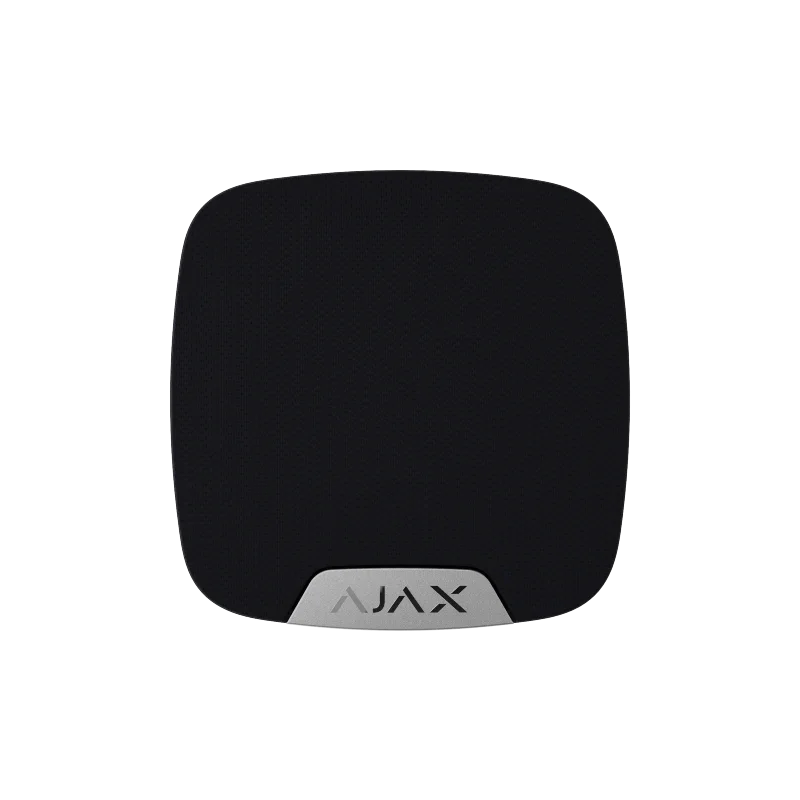 Sort trådløs utendørs sirene med metallskilt, Ajax logo, alarmsystem for sikkerhet