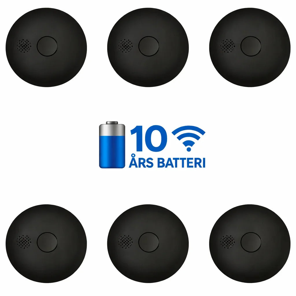 Seks svarte røykvarslere med 10 års batteri, illustrert med blått ikon