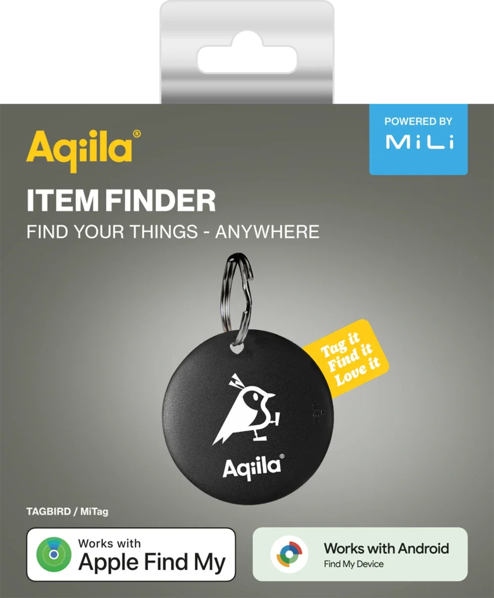 Svart Aqila nøkkelbrikke sporingsbrikke med fuglelogo, kompatibel med Apple Find My og Android.