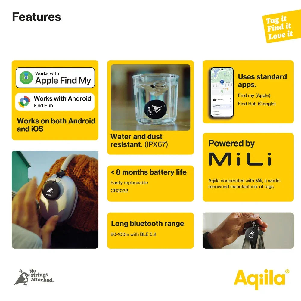 Funksjonsoversikt for Aqila Bluetooth sporingsbrikke, vanntett IPX67, lang batteritid og kompatibel med Android og iOS.