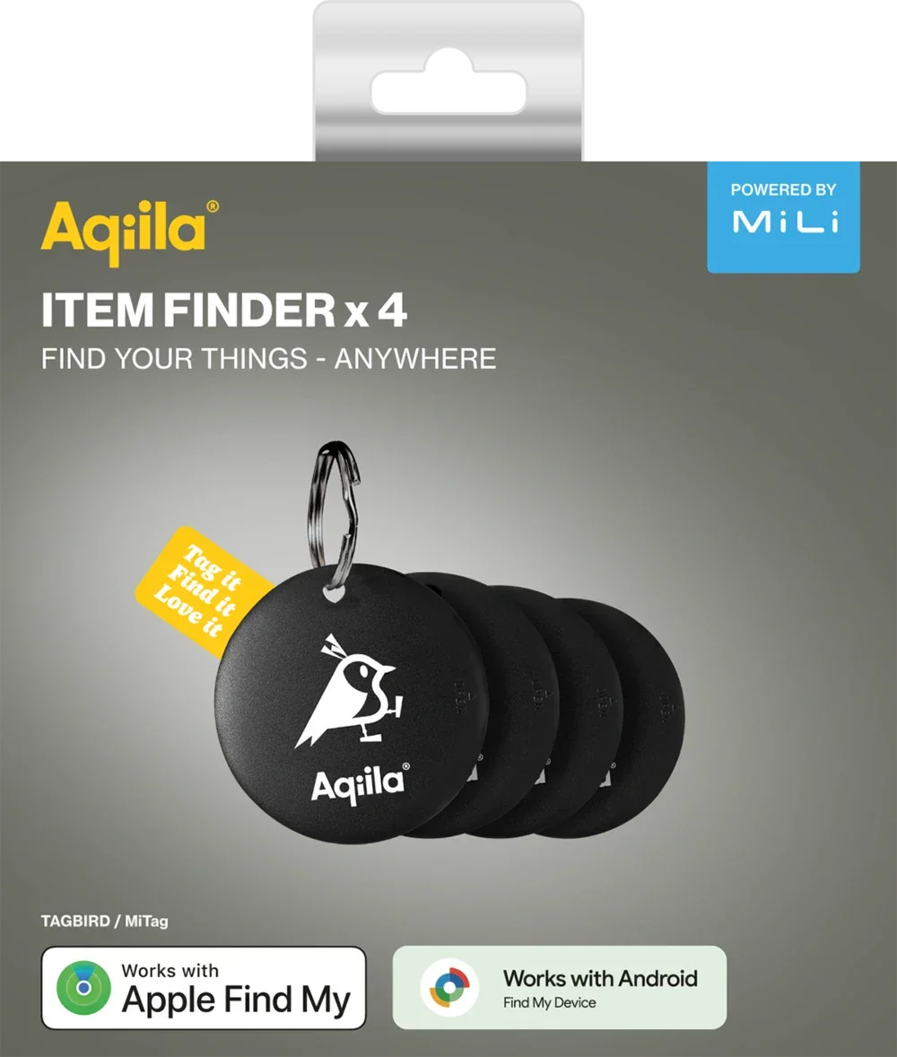 Sett med fire sorte nøkkelbrikker for sporing, kompatible med Apple Find My og Android.