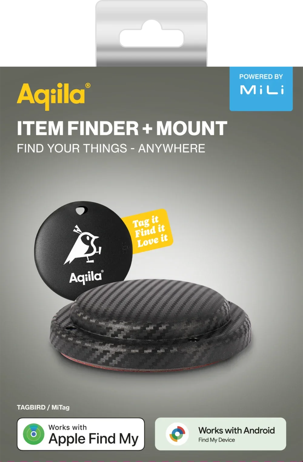 Aqiila sporingsbrikke med karbonfibermontering, kompatibel med Apple Find My og Android.