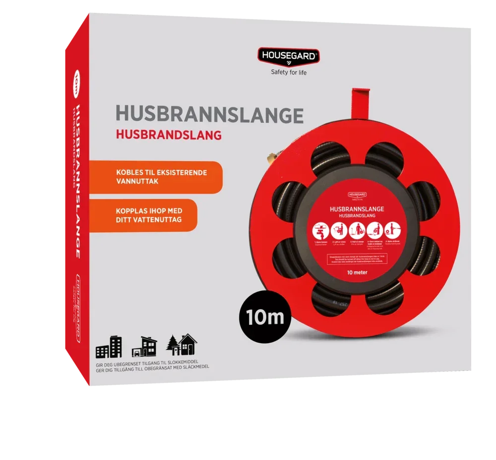 Husbrannslange 10 meter for brannvern i hjemmet, rød slangetrommel i eske