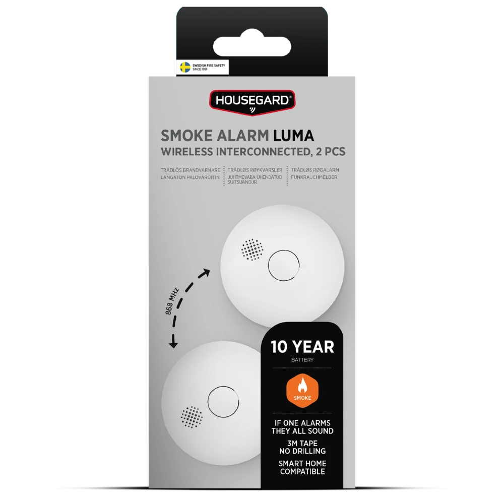 Housegard Luma trådløs, seriekoblet røykvarsler inkl. 10-års batteri, 2-pack - Trygg365