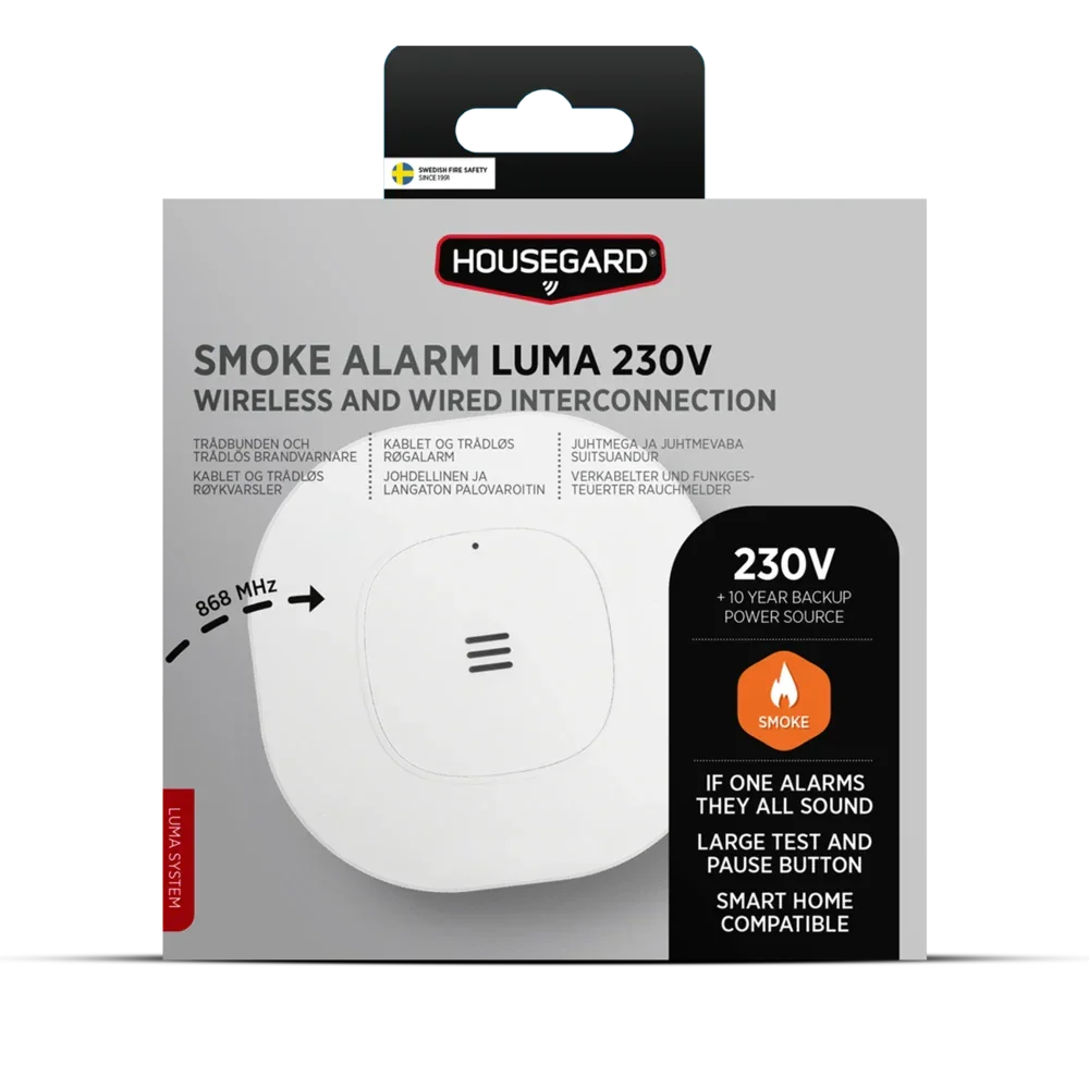 Housegard Luma 230V røykvarsler i eske, trådløs og kablet brannalarm, smart kompatibel