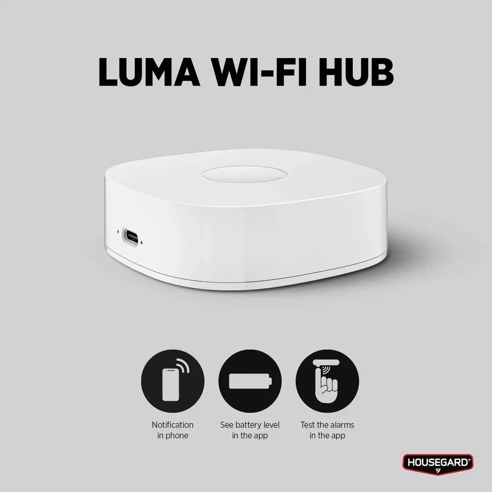 Luma Wi-Fi hub i hvit, smart hjem-enhet for varsling og overvåking, USB-port synlig.
