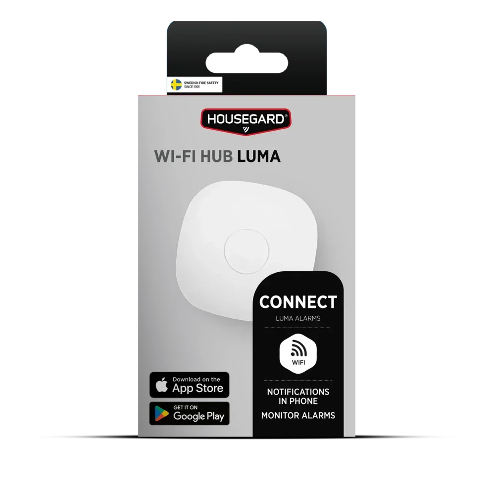 Housegard Wi-Fi Hub LUMA for tilkobling og overvåking av alarmer, innpakning, app-støtte