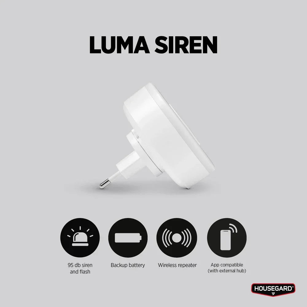 Hvitt Luma sireneapparat med støpsel, backup-batteri, trådløs repeater og app-kompatibilitet.