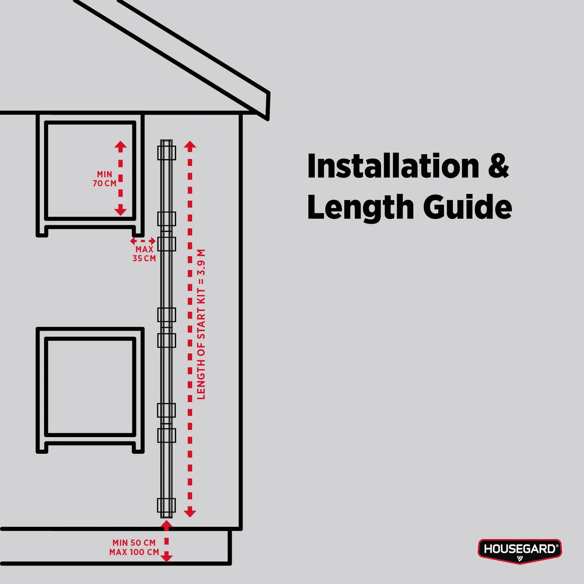 Installasjonsguide for rømningsstige med mål, vinduer og husvegg, sikkerhetstiltak.