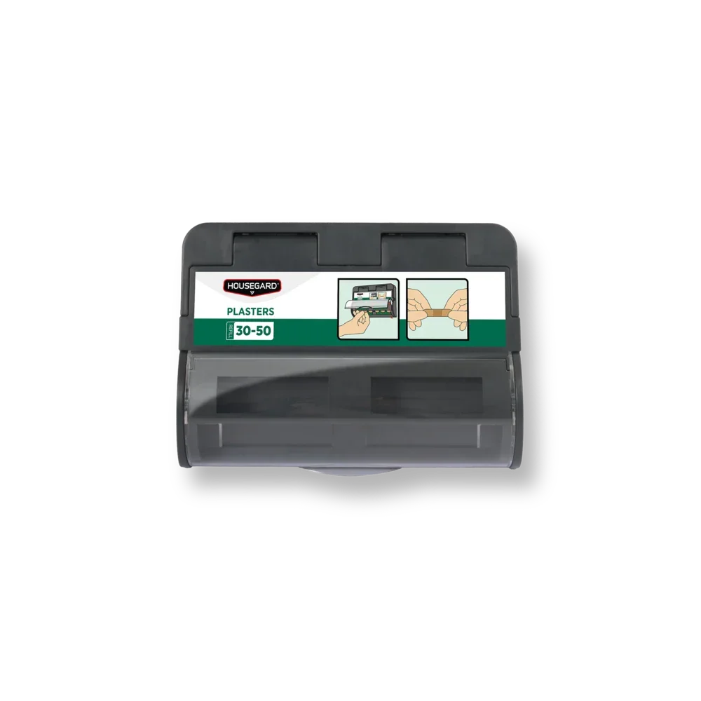Housegard plasterdispenser for førstehjelpsutstyr, veggmontert, svart plast med instruksjonsbilde.