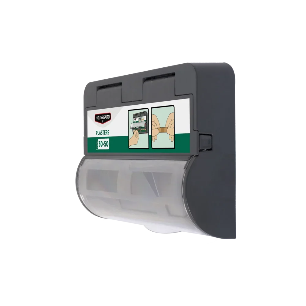 Vegghengt dispenser for plaster, med illustrasjoner for bruk, førstehjelpsutstyr