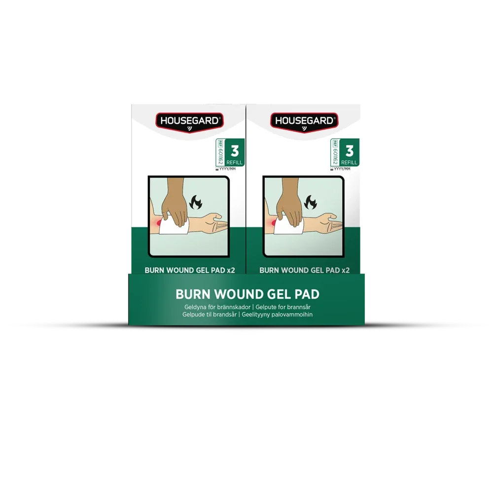 Housegard burn wound gel pads til brannskader i grønn og hvit eske, illustrasjon av bruk.