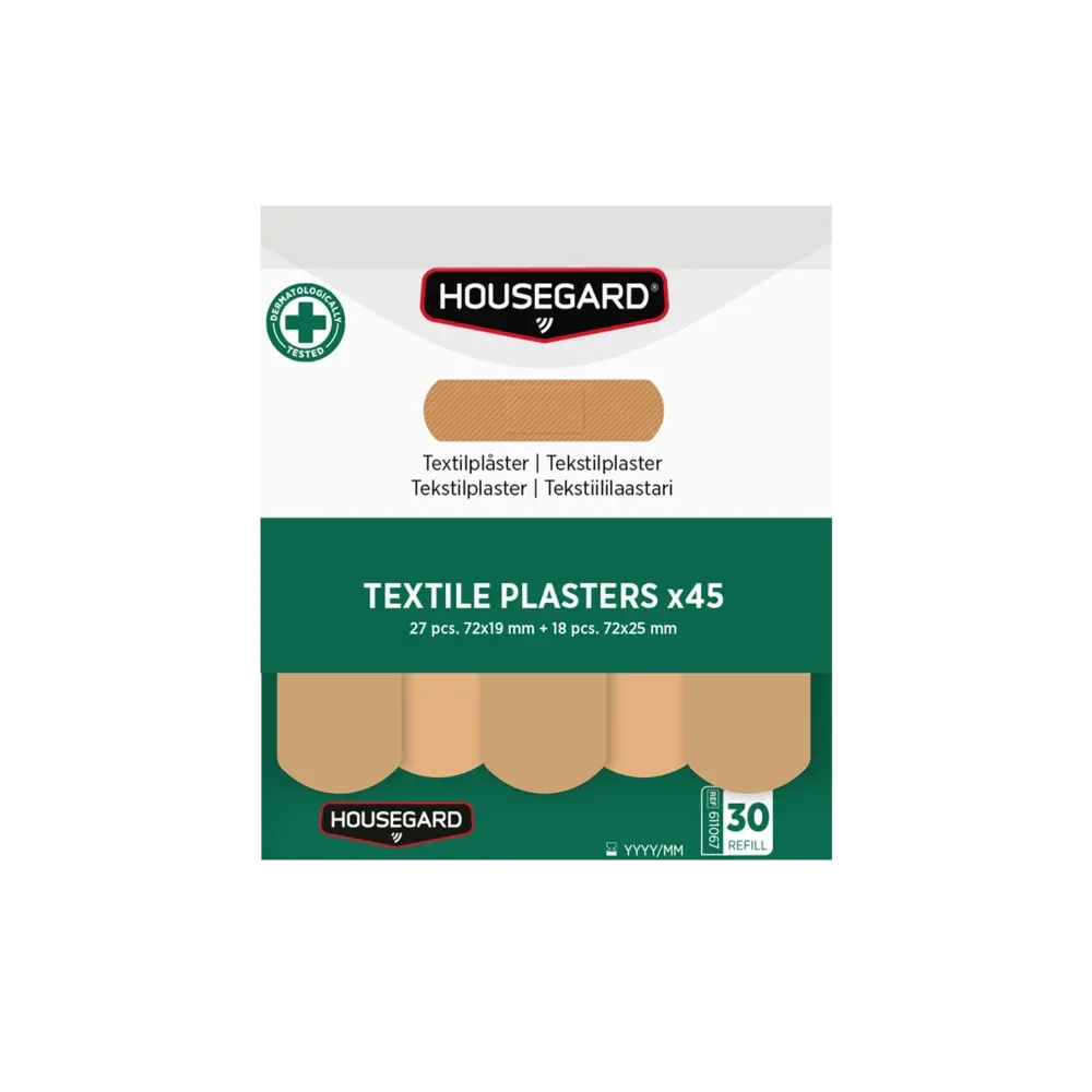 Eske med 45 tekstilplaster i to størrelser, førstehjelpsutstyr, grønn og hvit pakke.