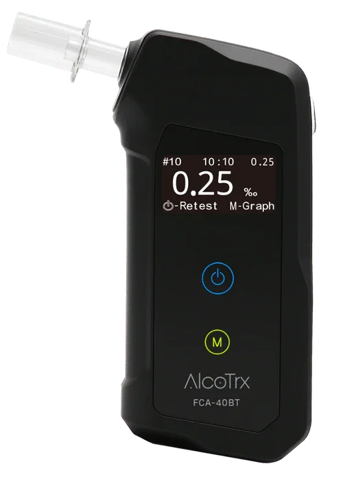 Alkoholmåler AlcoTrx FCA-40BT digital promilletester med munnstykke og skjermvisning