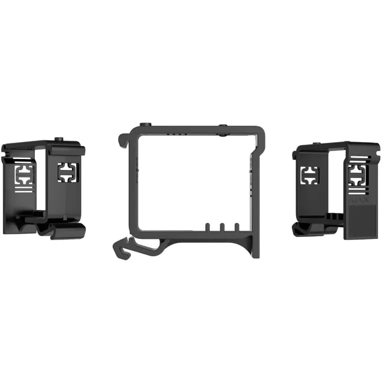 Sort DIN-holder for montering av sikkerhetsutstyr, sett fra tre vinkler, enkel og robust design.