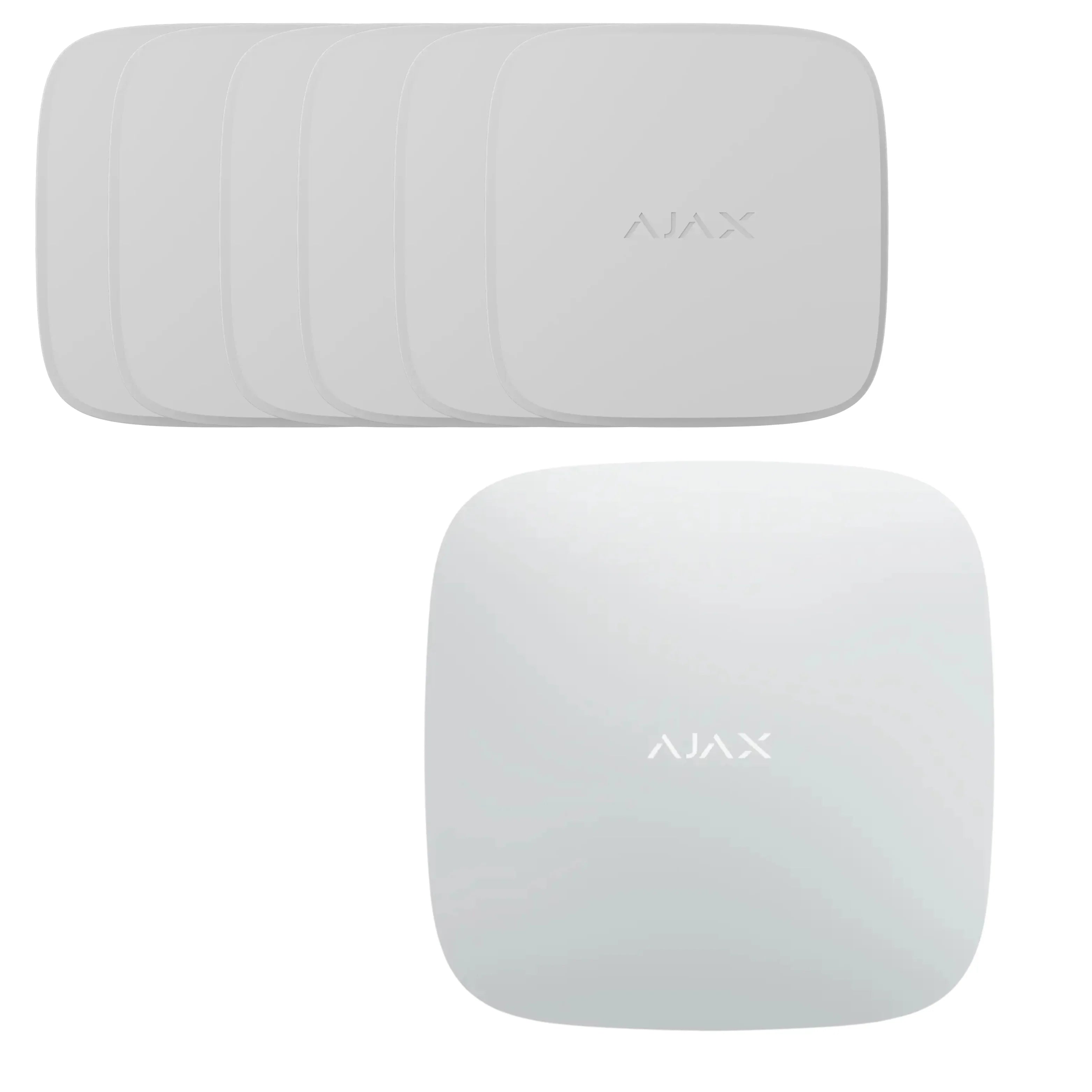 Fem hvite røykvarslere fra Ajax, firkantet design, for brannvern og sikkerhet.