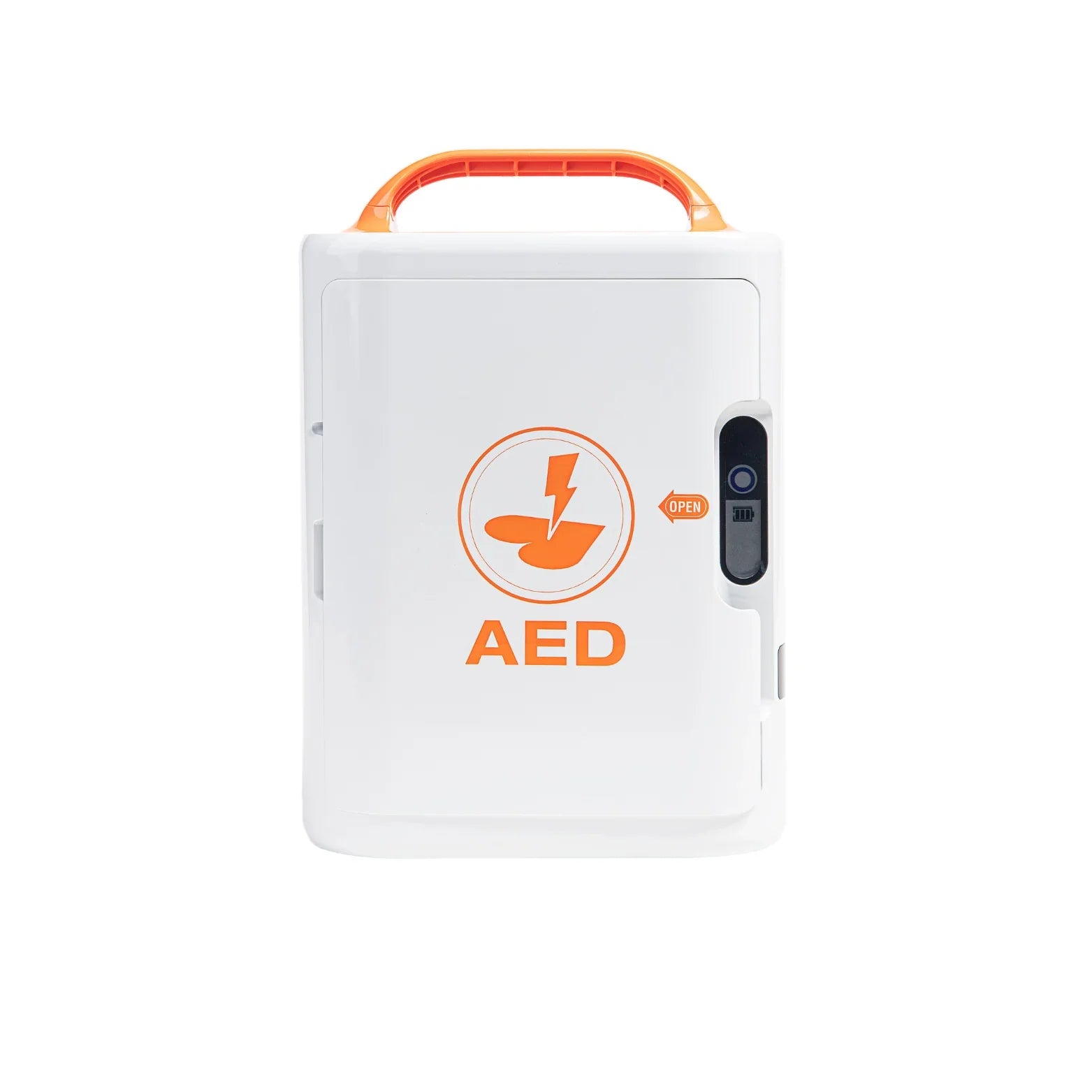 Hvit førstehjelps hjertestarter boks med oransje håndtak og AED-symbol.