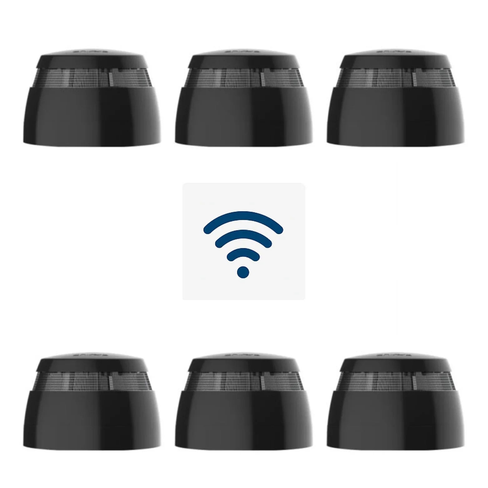 Seks sorte trådløse røykvarslere med wifi-symbol, brannsikring for hjem og bedrift.