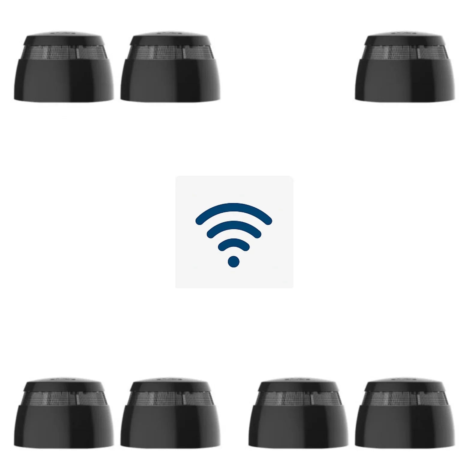 Sett med seks svarte røykvarslere trådløst koblet sammen, med WiFi-symbol i midten.