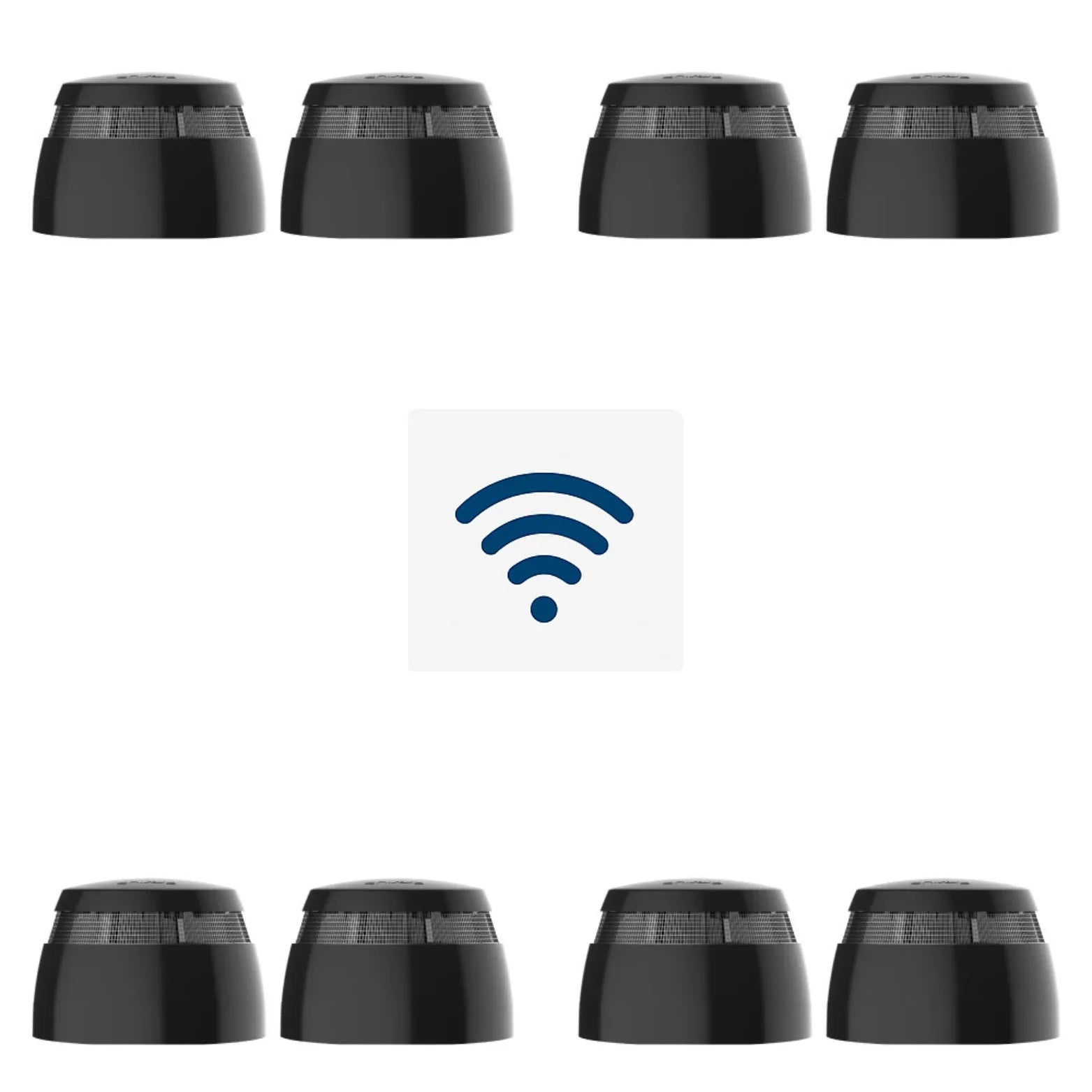Åtte svarte røykvarslere med WiFi-symbol, trådløs brannsikring for hjem og bedrift