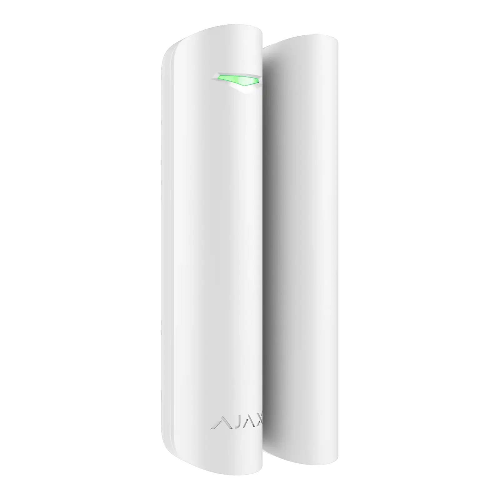 Hvit trådløs magnetisk dørsensor med grønn indikator for alarmsystem