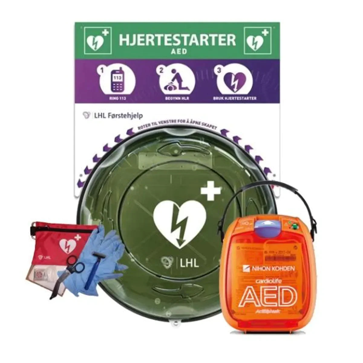Komplett hjertestarterpakke med hjertestarter, utendørs skap og førstehjelpsutstyr.