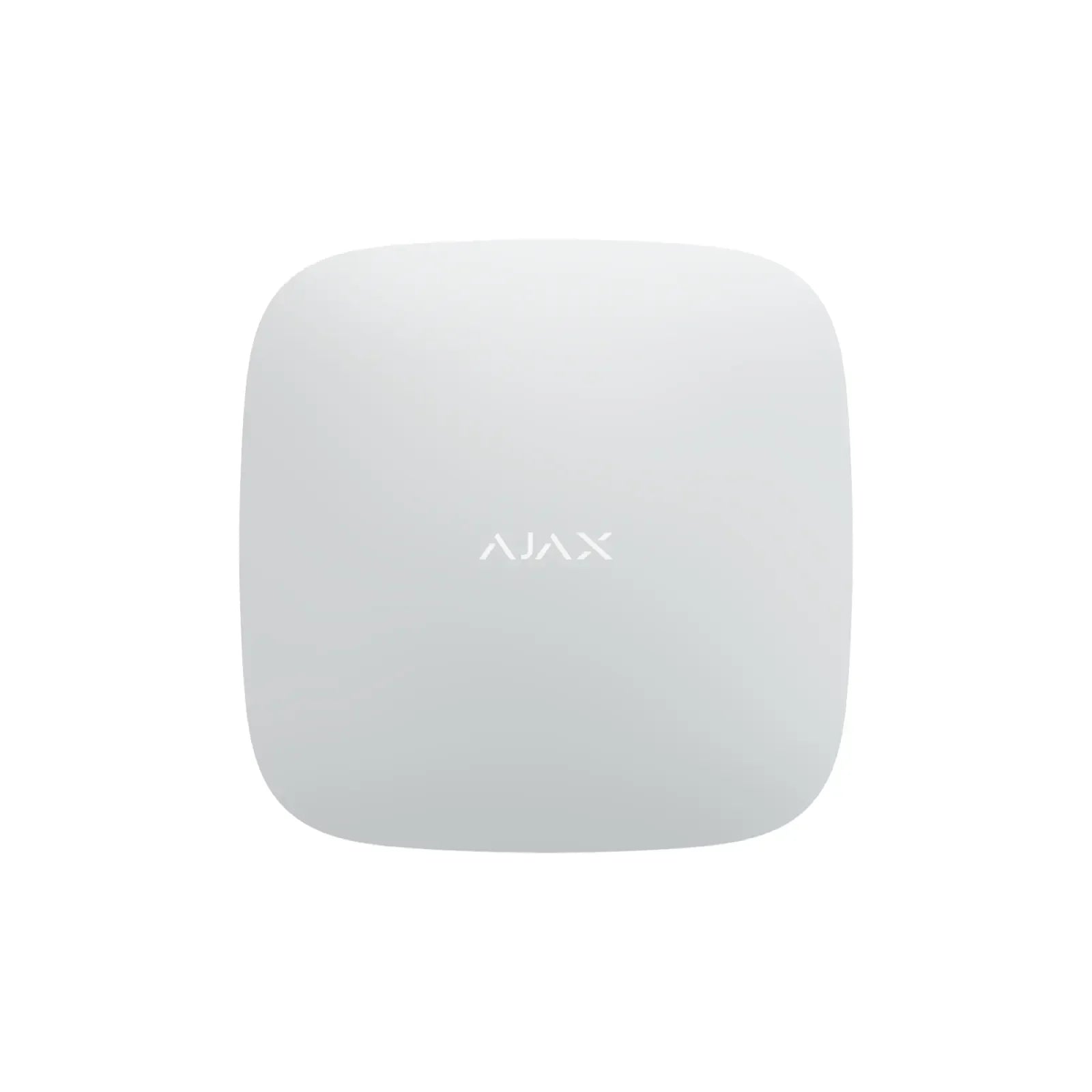 Hvit Ajax alarmsentral for sikkerhetssystem, minimalistisk design, sett forfra