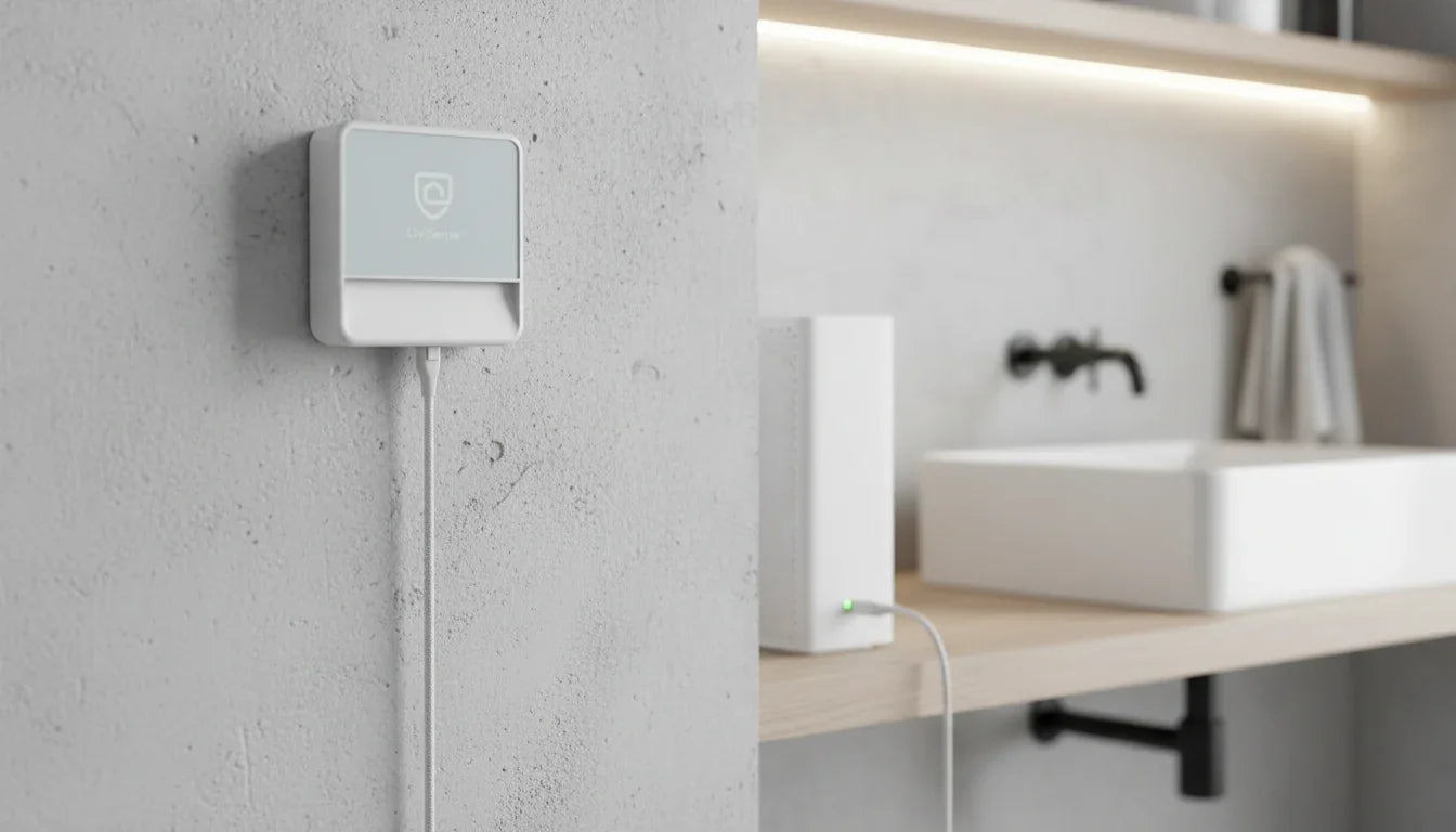 Vannsensor montert på vegg i moderne vaskerom for overvåking av lekkasje og vannskader