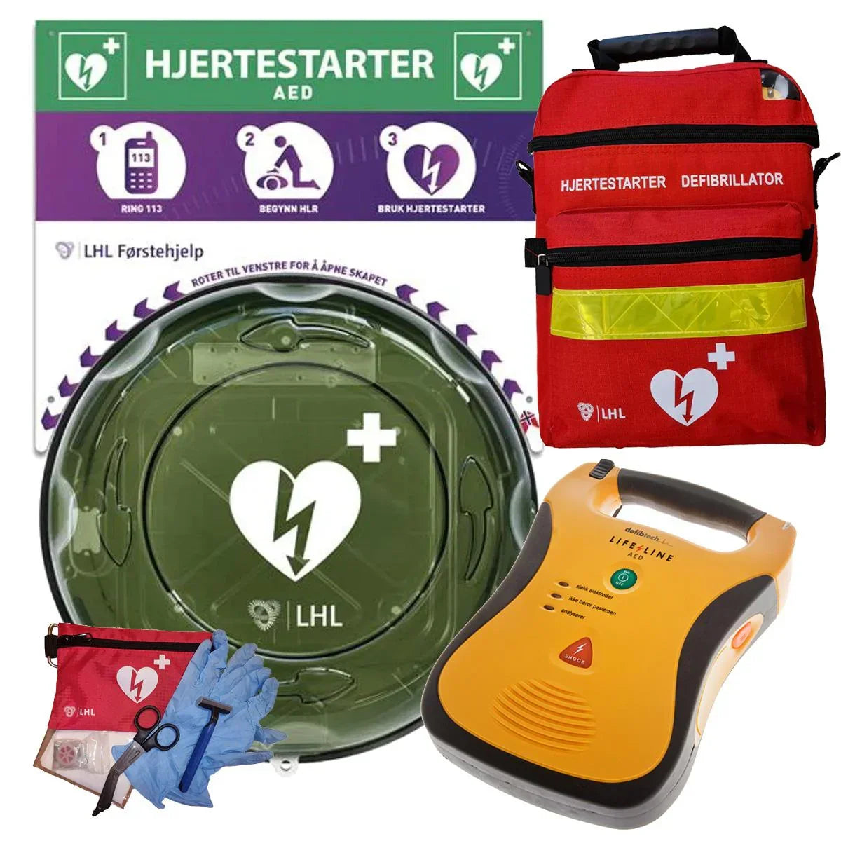 Komplett hjertestarter pakke med AED, oppbevaringsskap, veske og førstehjelpsutstyr.