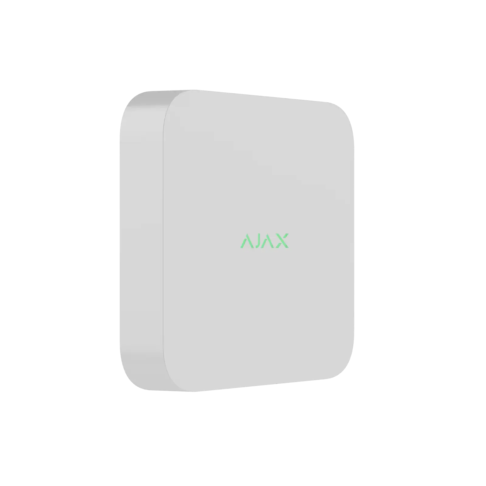 Hvit Ajax NVR sikkerhetsboks sett fra skrå vinkel, moderne design for overvåking