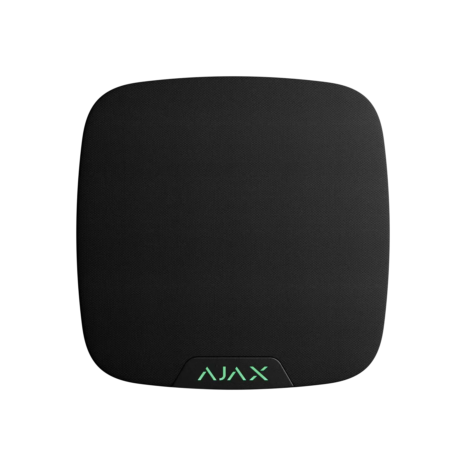 Svart Ajax høyttaler for alarmsystem, sett forfra med grønn logo, isolert bakgrunn