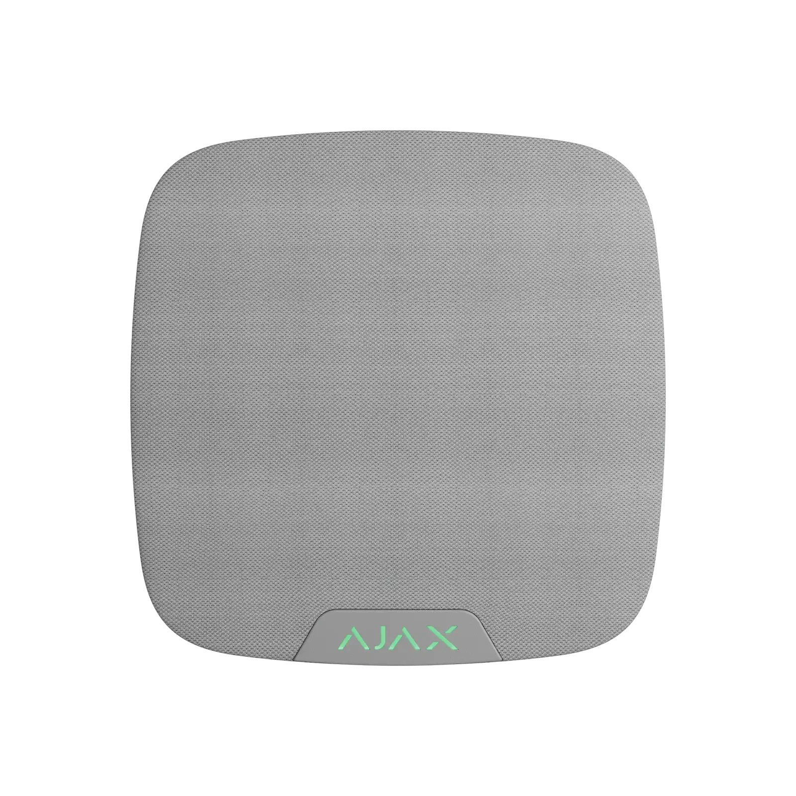 Hvit trådløs alarmsirene til innendørs bruk med grønt LED-lys og AJAX-logo.