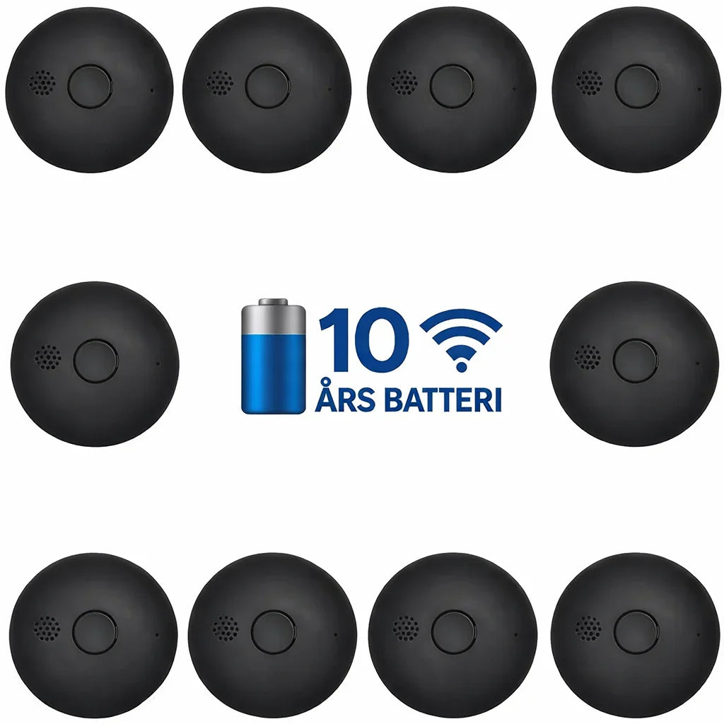 Pakke med ti svarte røykvarslere, 10 års batteritid, sikkerhetsutstyr for hjemmet.