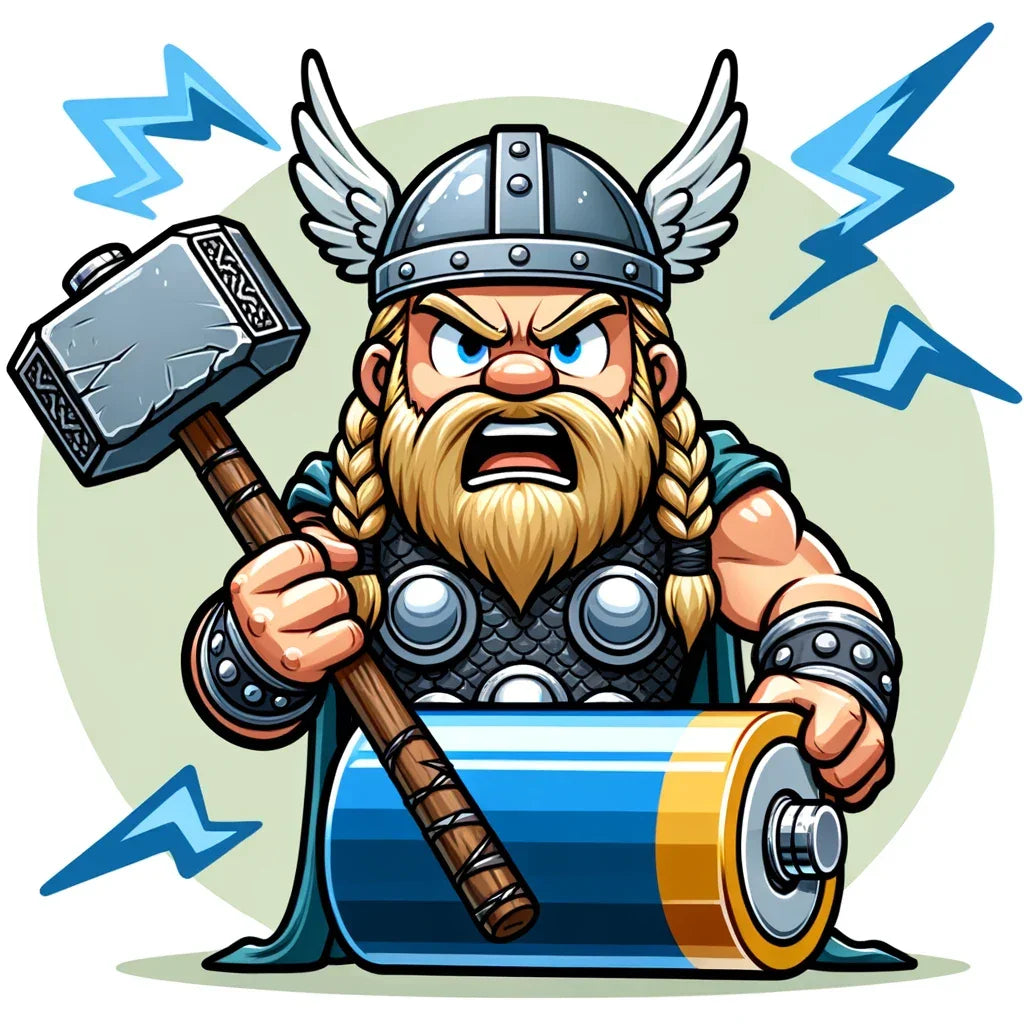 Tegneserie av viking med hammer og stor batteri, lynsymboler i bakgrunnen, energirik illustrasjon.