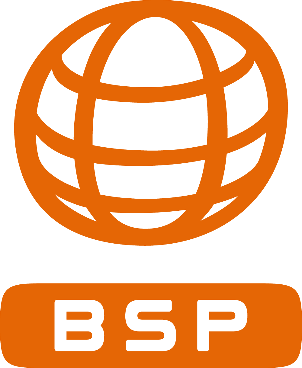 Oransje BSP-logo med globusform og tydelig tekst, assosiert med sikkerhetsutstyr.