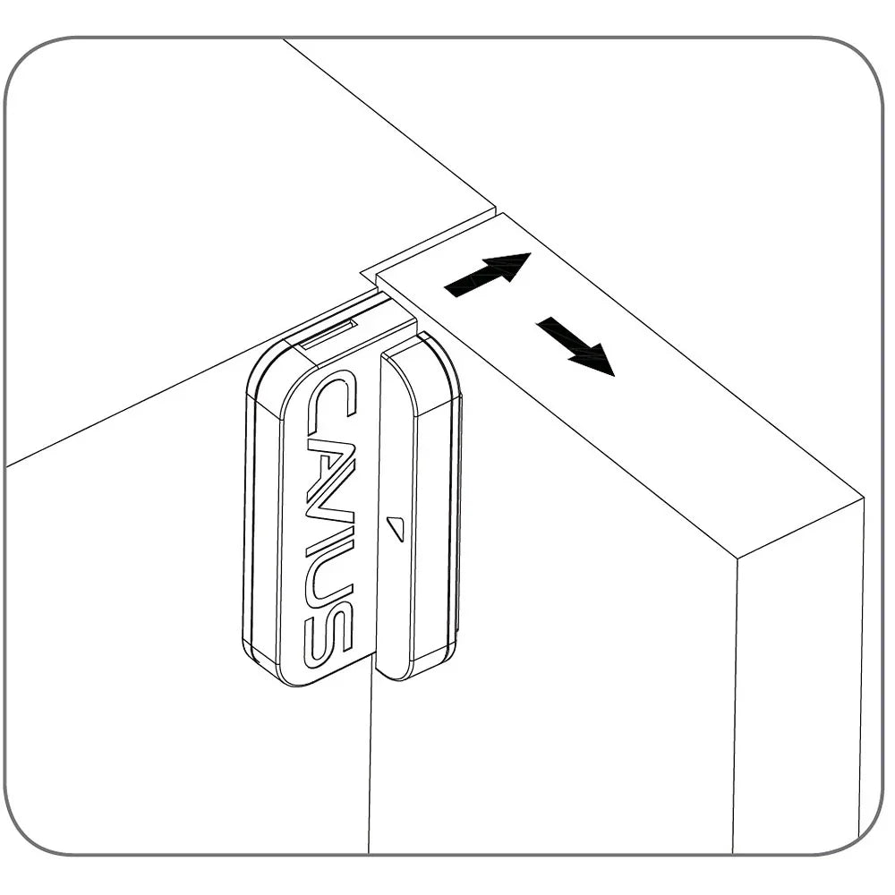 Illustrasjon av magnetisk holder for røykvarsler, montert på hjørne med piler som viser retning.