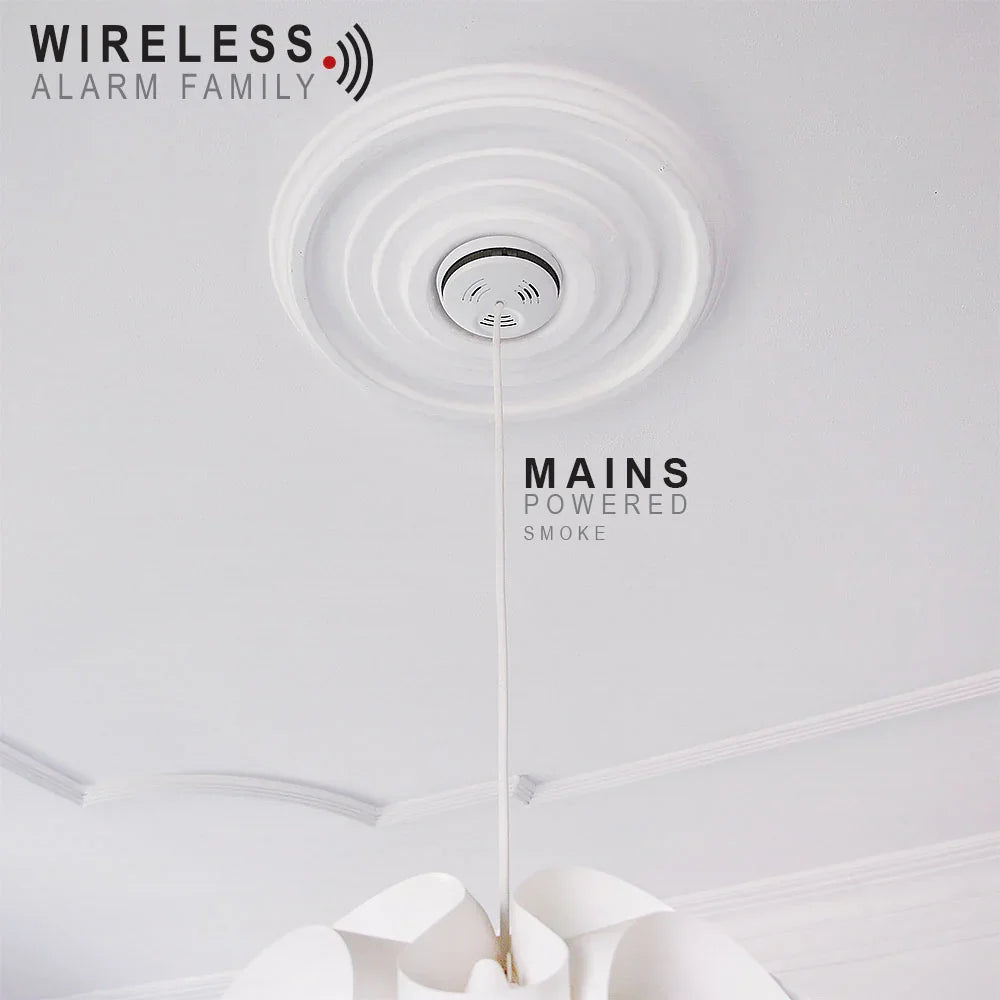 Nettdrevet røykvarsler montert i tak ved siden av hvit taklampe.