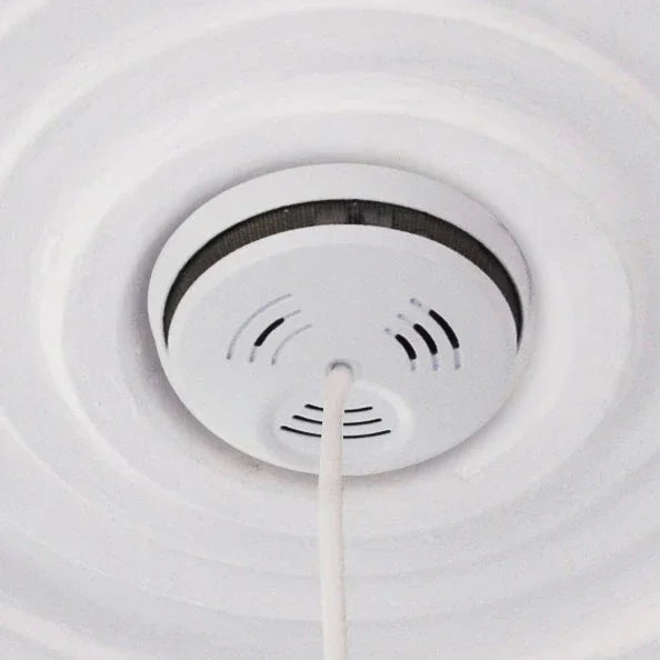 Nettstrømdrevet røykvarsler montert i hvitt tak, sikkerhetsutstyr for brannvern.