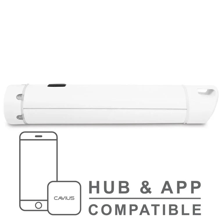 Hvit fjernkontroll for brannalarm, kompatibel med hub og app, på hvit bakgrunn