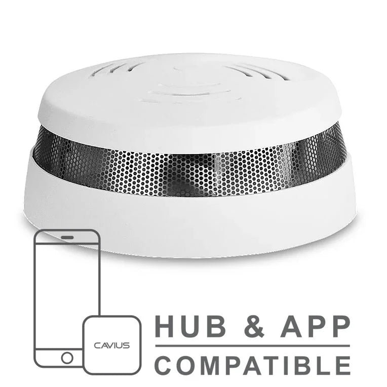 Trådløs røykvarsler med hvitt design, kompatibel med app og hub, brannsikkerhetsprodukt.