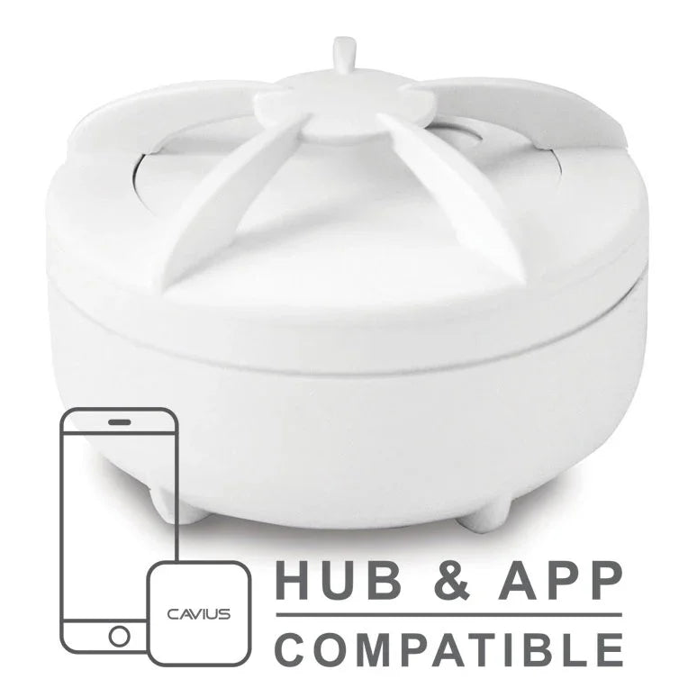 Hvit, rund vannlekkasjevarsler med hub- og app-kompatibilitet, minimalistisk design