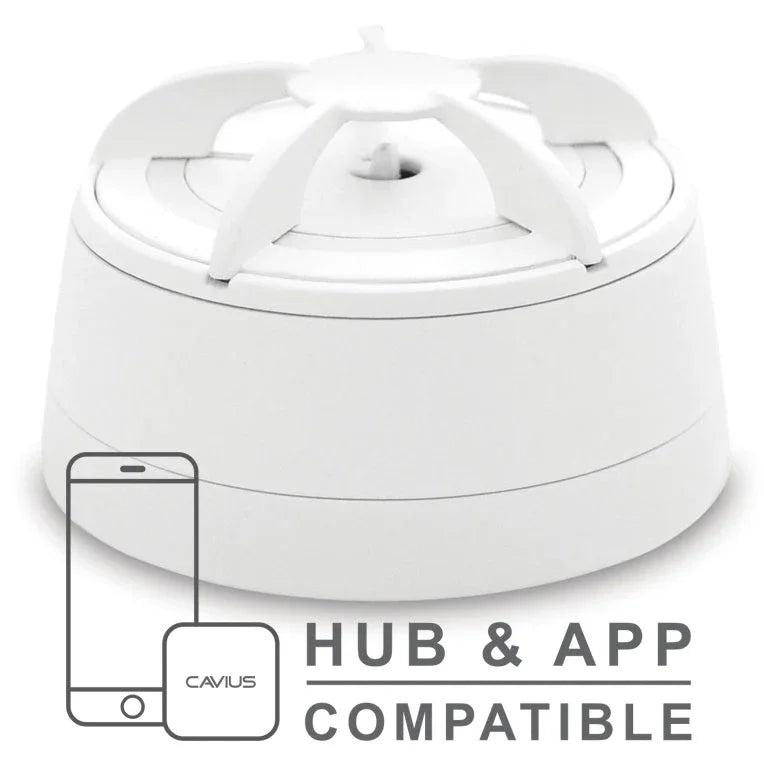 Hvit Cavius varmevarsler, hub- og app-kompatibel for brannvern og sikkerhet.
