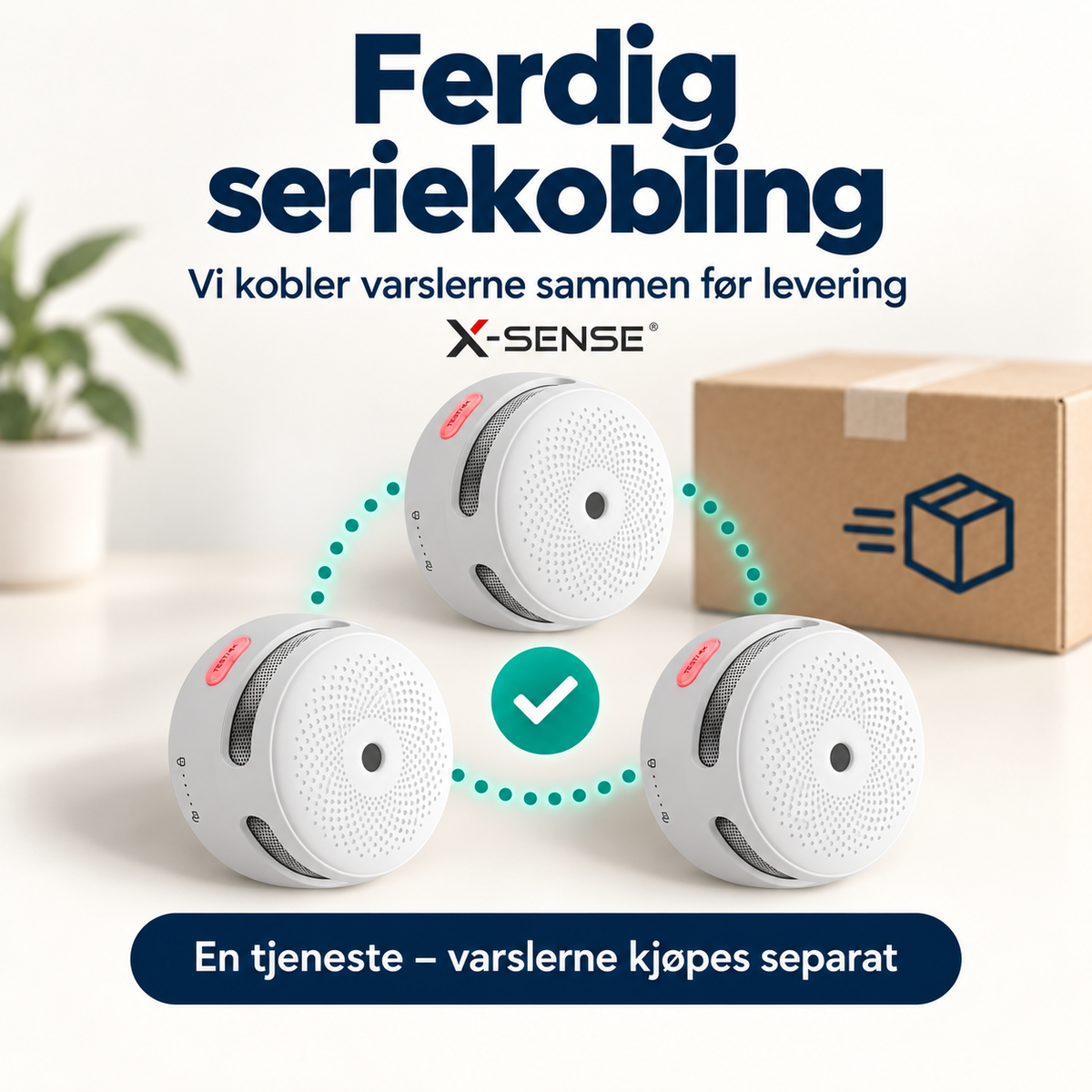 Ferdig seriekobling av X-Sense røykvarslere før levering. Tjeneste – varslerne kjøpes separat.