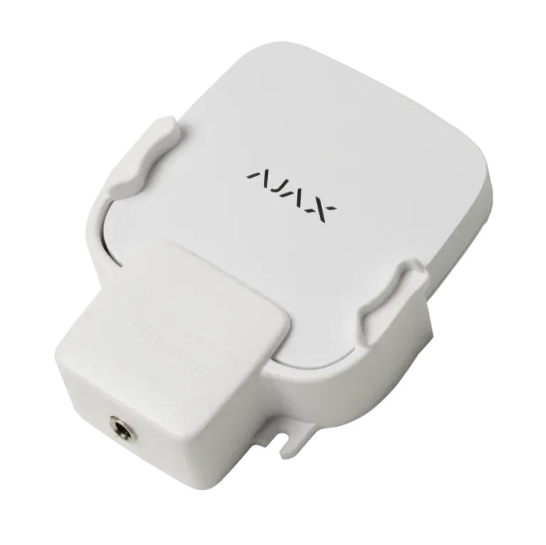 Hvit Ajax-modul for sikkerhetssystem, egnet for brannvern og alarmsystemer.