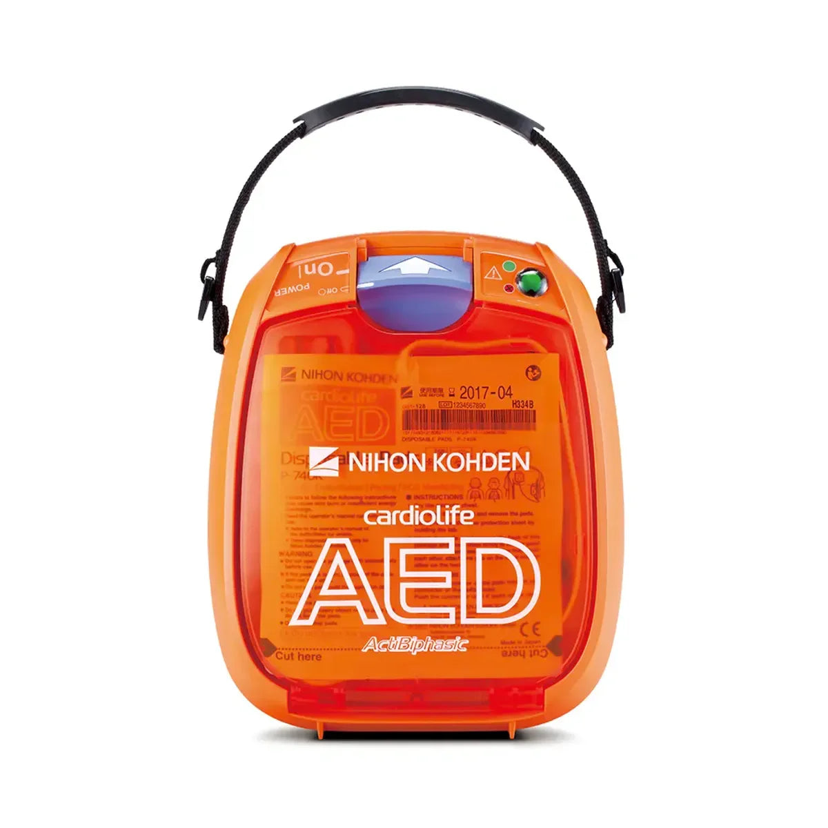 Nihon Kohden hjertestarter AED med oransje deksel og bærehåndtak, livreddende førstehjelpsutstyr