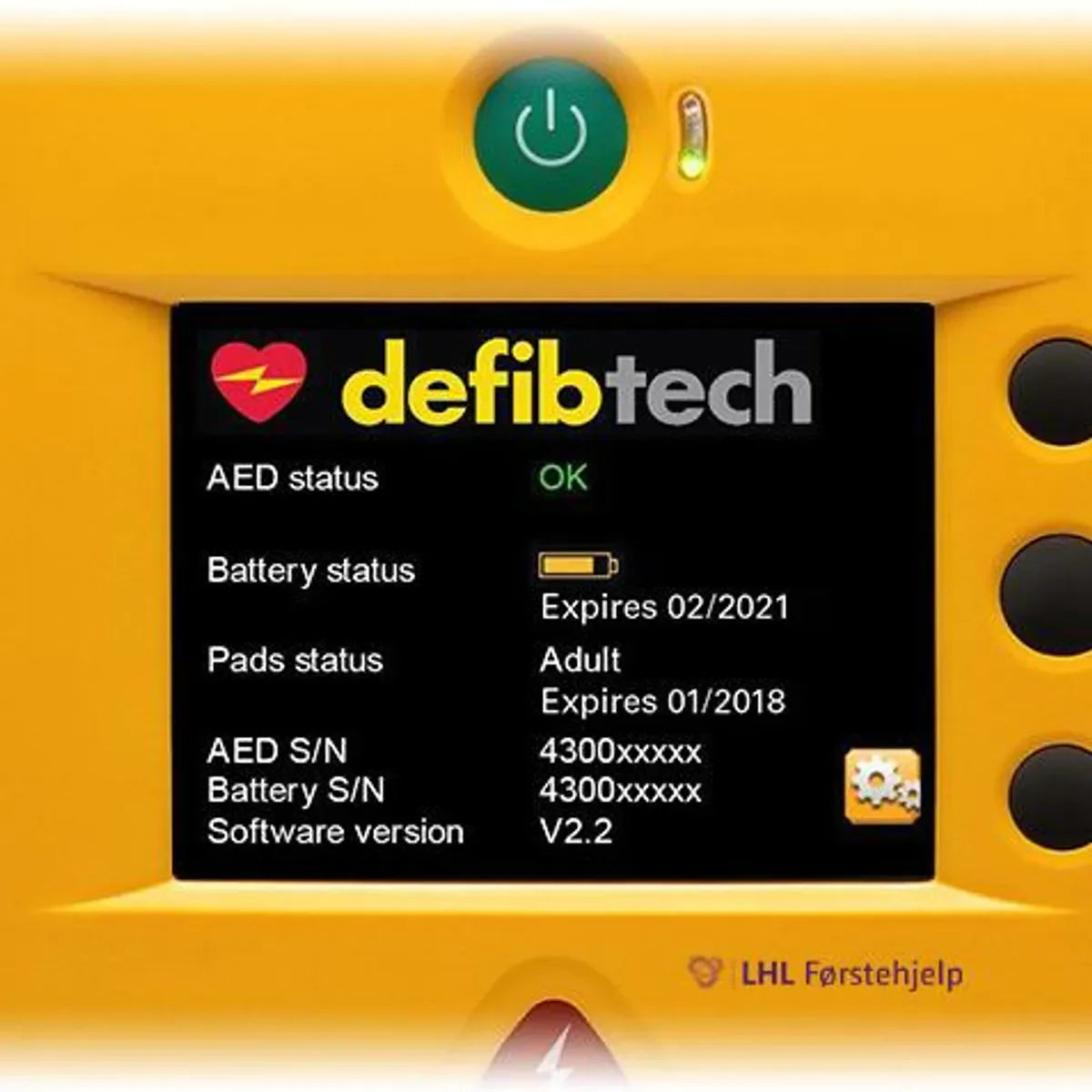 Defibtech hjertestarter display med status, batterinivå og informasjon om elektroder