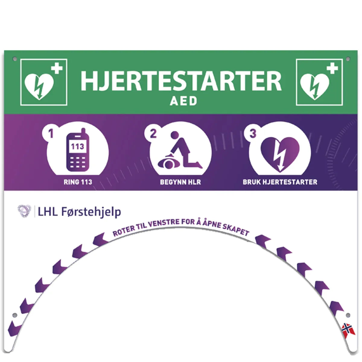 Instruksjonsskilt for hjertestarter med nødnummer, HLR og AED-symboler, norsk tekst