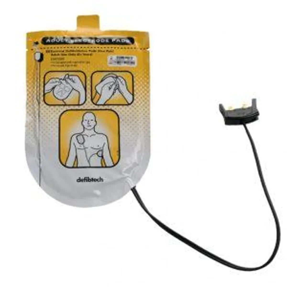 Defibrillator elektrodepads med illustrasjoner for bruk, egnet for førstehjelp og hjertestarter.